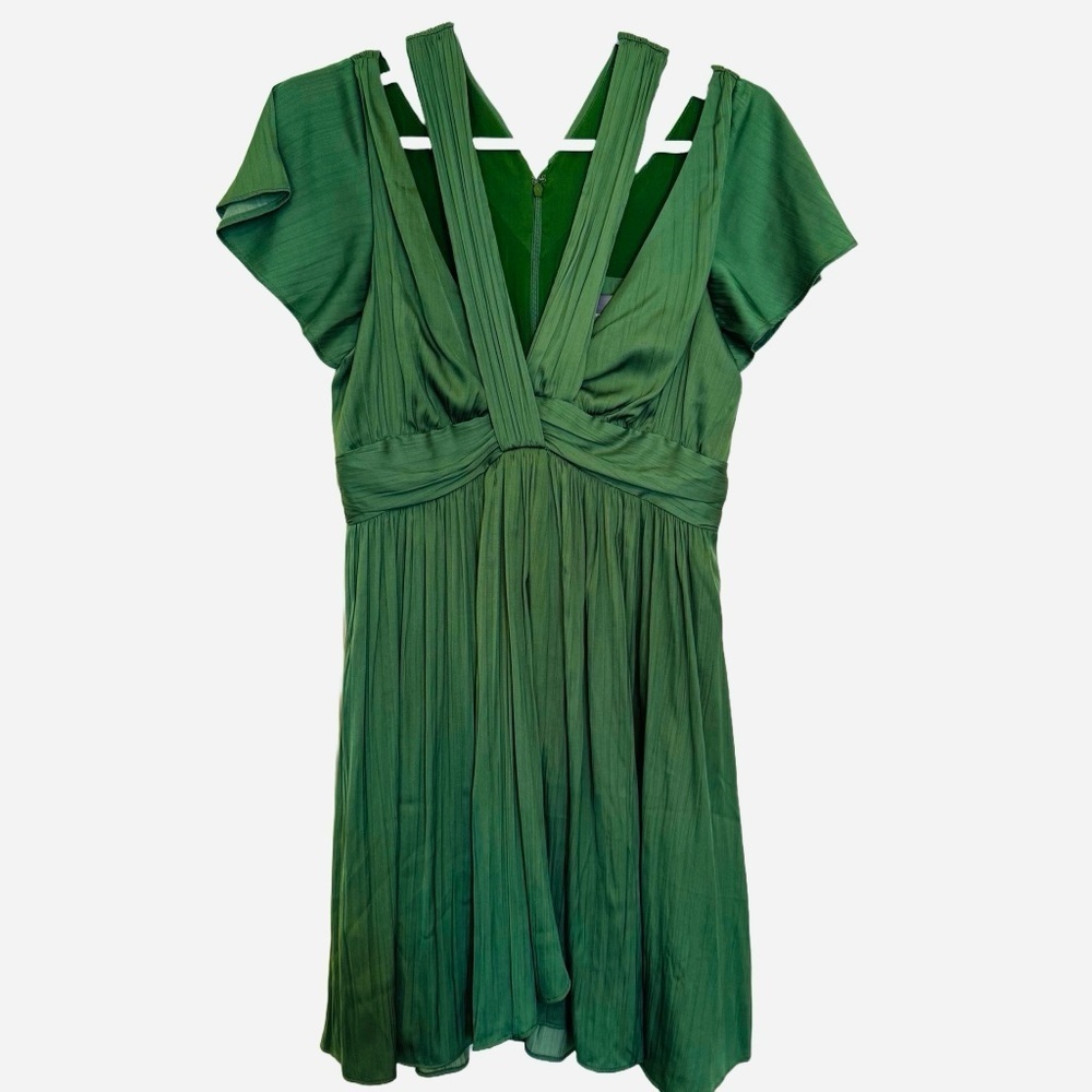 Anthropologie Green Pleated Deep V Neck Mini Dress Crisscross Waist Size 2